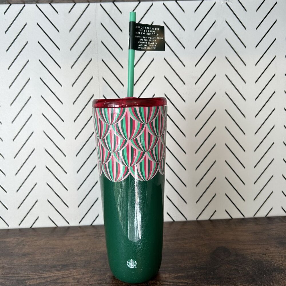 NEW Starbucks Christmas Holiday Sparkle 24 oz Tumbler Cup Straw Hot Cold Travel